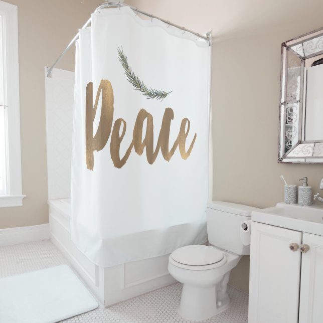 Botanical Holiday Peace Branch Pine Rustic Gold Shower Curtain (In Situ)