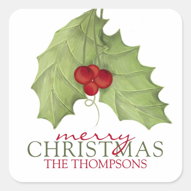 Botanical Holly Berries Painted Greenery 1 Photo Square Sticker (Front)