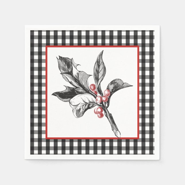 Botanical Holly Black and White Christmas Paper Napkin (Front)