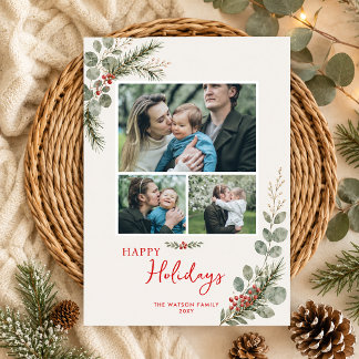 Botanical Holly Christmas Holidays 3 Photos Holiday Card