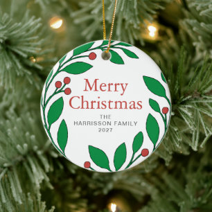 Botanical Holly Wreath Christmas Family 1 Photo Ceramic Tree Decoration