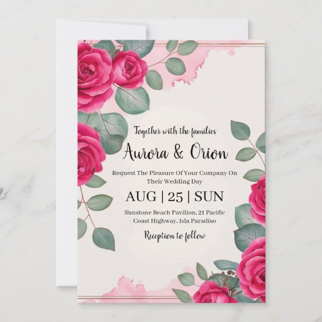 botanical hot pink floral wedding invitations (Front)