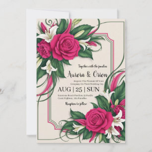 botanical hot pink floral wedding invitations