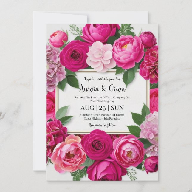 botanical hot pink floral wedding invitations (Front)