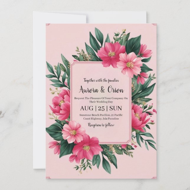 botanical hot pink floral wedding invitations (Front)