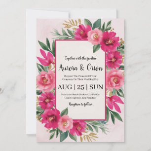 botanical hot pink floral wedding invitations