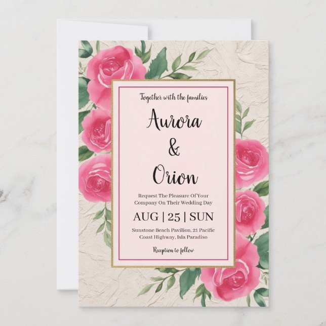 botanical hot pink floral wedding invitations (Front)