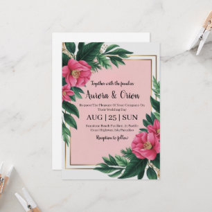 botanical hot pink floral wedding invitations