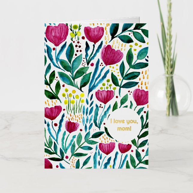 Botanical illustration I love you mum Mother's day Foil Holiday Card (Front)