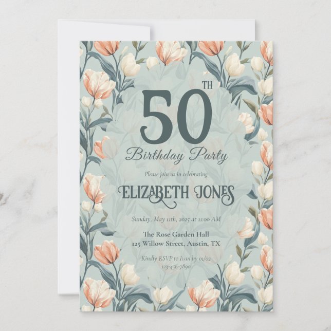 Botanical Inspired Tulip Themed Custom Birthday Invitation (Front)