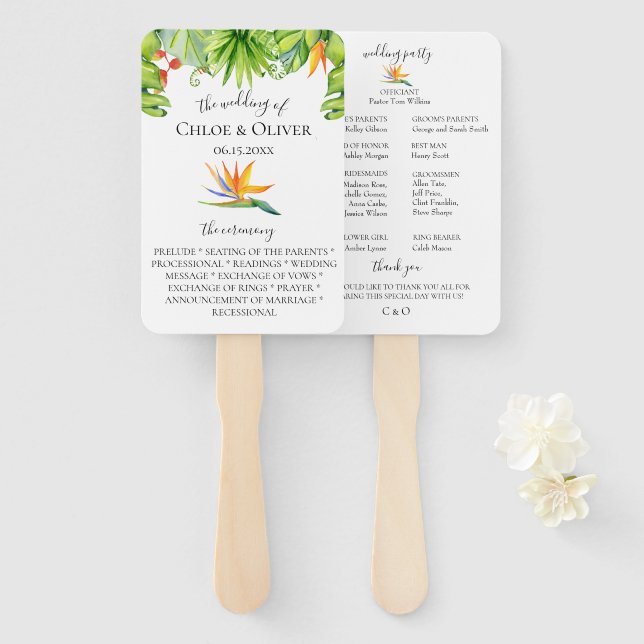 Botanical Island Leaves Wedding Program Hand Fan (Front and Back)