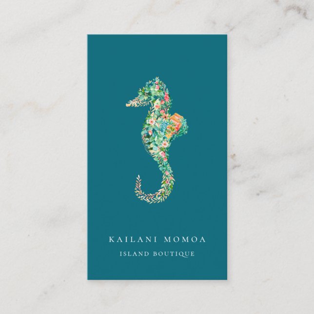 Botanical Island Seahorse Blue Business Card (Front)