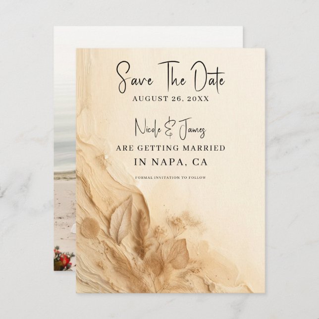 Botanical Ivory Cream Bohemian Textured Save Date Invitation (Front/Back)