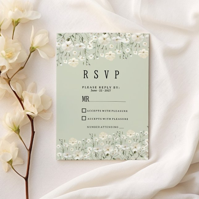 Botanical ivory mint delicate floral RSVP  Invitation (Botanical ivory mint delicate floral RSVP )