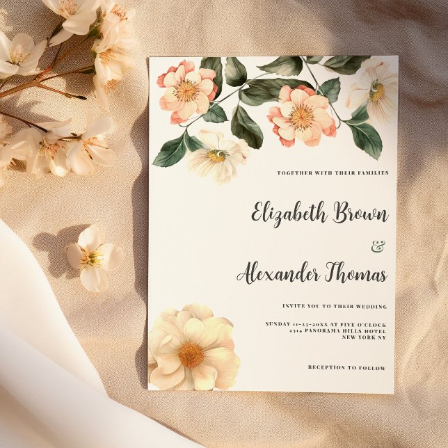 Botanical  ivory pink coral green floral wedding invitation (Botanical ivory pink coral green floral wedding)