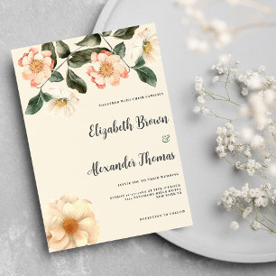Botanical ivory pink coral green floral wedding invitation