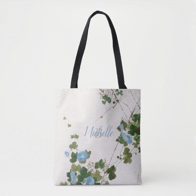 Botanical Japanese Watercolor Blue Flower Tote Bag (Front)