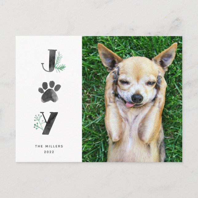 Botanical Joy Paw Print | Pet Photo Holiday Postcard (Front)