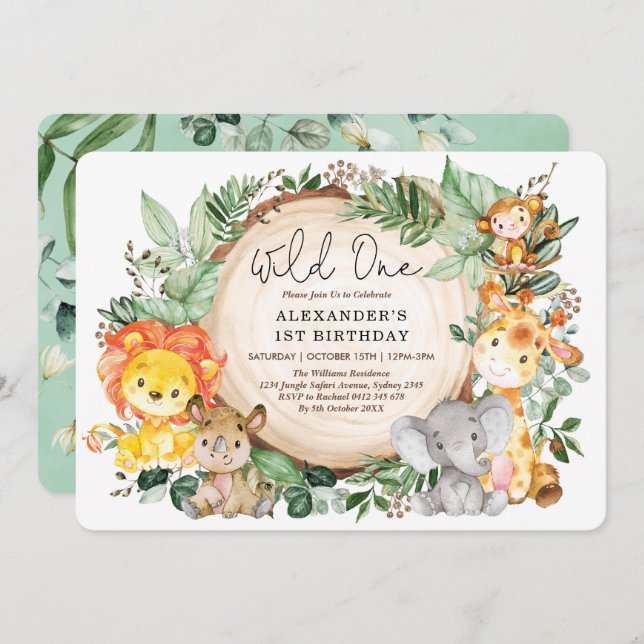 Botanical Jungle Animals Wild One 1st Birthday Invitation (Front/Back)