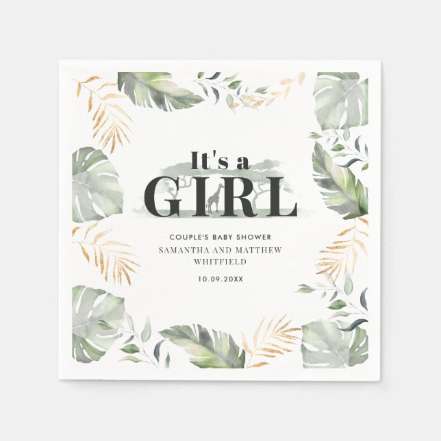 Botanical Jungle Giraffe Couple Baby Shower Paper Napkin (Front)