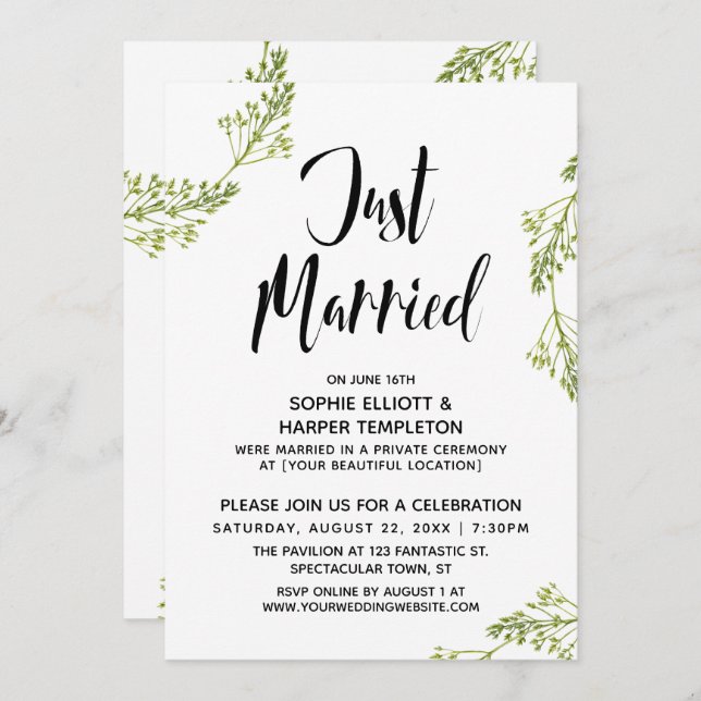 Botanical Just Married Typography Post Wedding Invitation (Front/Back)