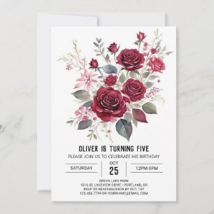 Botanical Kids' Burgundy Floral Birthday Invitation