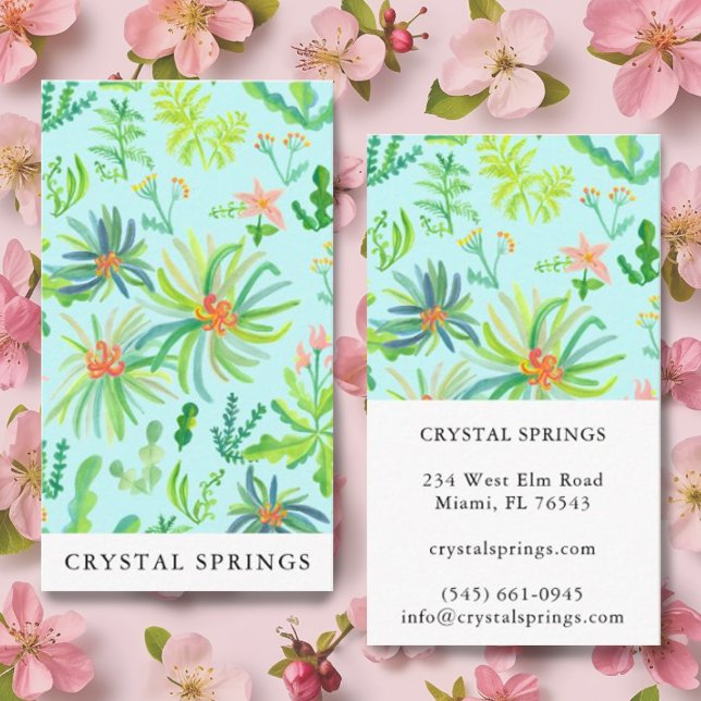 Botanical Landscaping Gardening Plants Modern Chic Business Card (Beautiful watercolor botanical painting pattern on a light blue background. Customized business card)