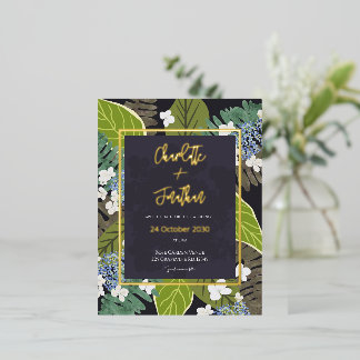 Botanical Leaf and Hydrangea Petals Save The Date Foil Invitation Postcard