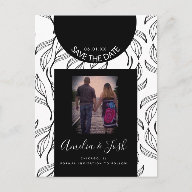 Botanical Leaf Black Shapes Save the Date Postcard (Front)