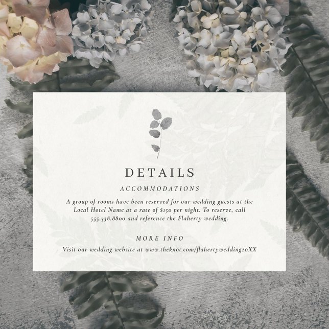 Botanical Leaf Grey Wedding  Enclosure Card (Elegant botanical leaf wedding details card. Features a light gray faux leaf pattern.)