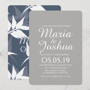 Botanical Leaf Pattern Navy Blue Wedding Invitation