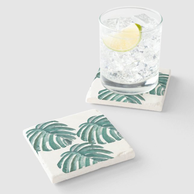 Botanical Leaf Watercolor Marble Stone Coaster (Side)