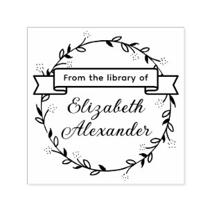 Botanical Leaf Wreath #14B Round Library Book Name Self-inking Stamp