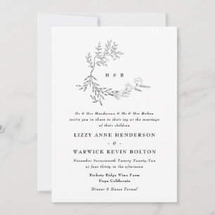 Botanical Leafy Floral Monogram Wreath Wedding Invitation