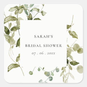 Botanical Leafy Foliage Watercolor Bridal Shower Square Sticker