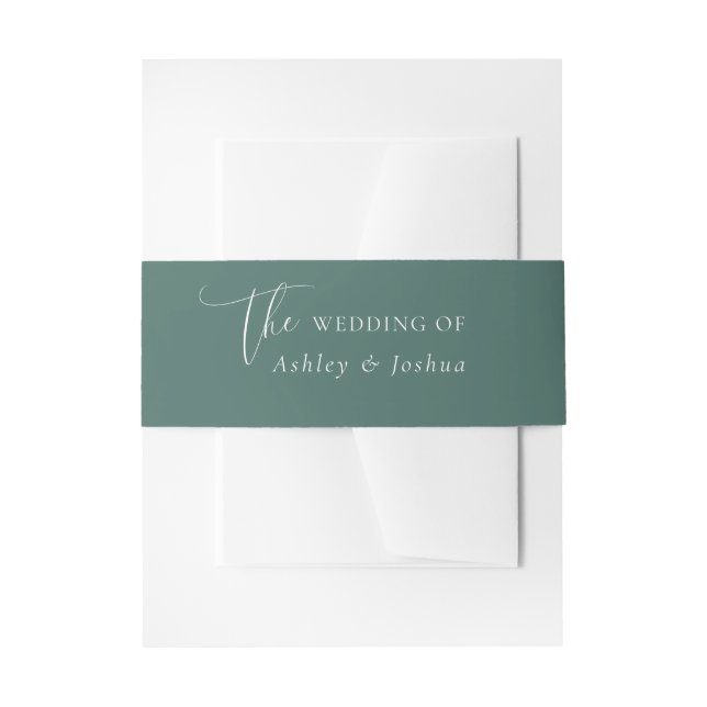 Botanical Leafy Green Elegant White Script Wedding Invitation Belly Band (Front Example)
