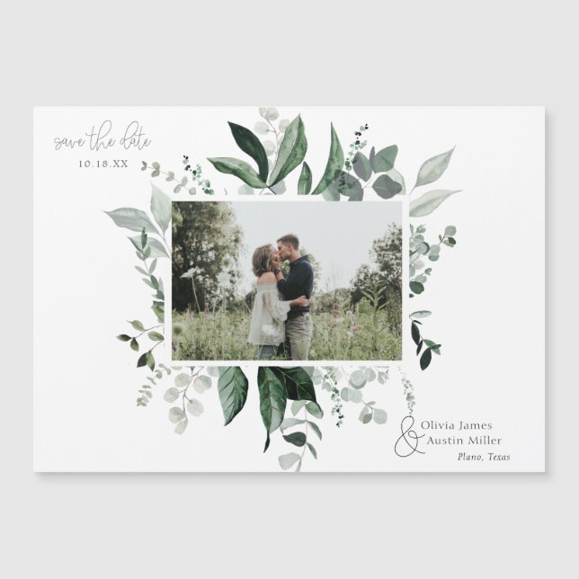 Botanical Leafy Greenery Photo Frame Save the Date (Front)