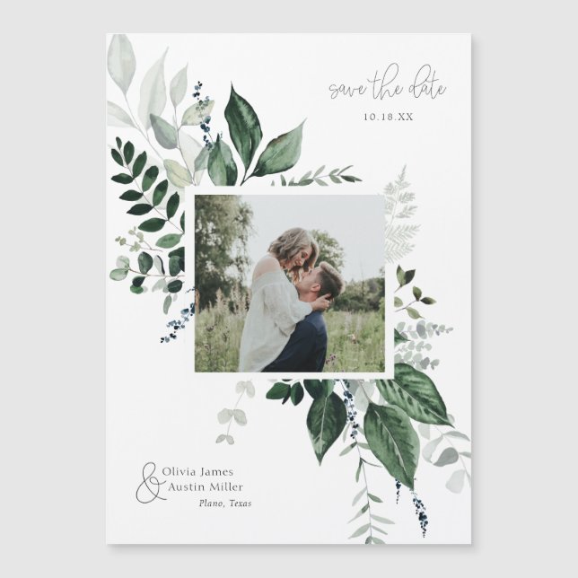 Botanical Leafy Greenery Photo Frame Save the Date (Front)