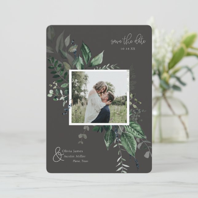 Botanical Leafy Greenery Photo Frame Save the Date (Standing Front)
