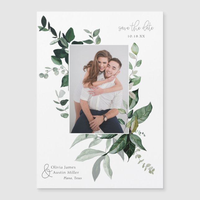 Botanical Leafy Greenery Photo Frame Save the Date (Front)