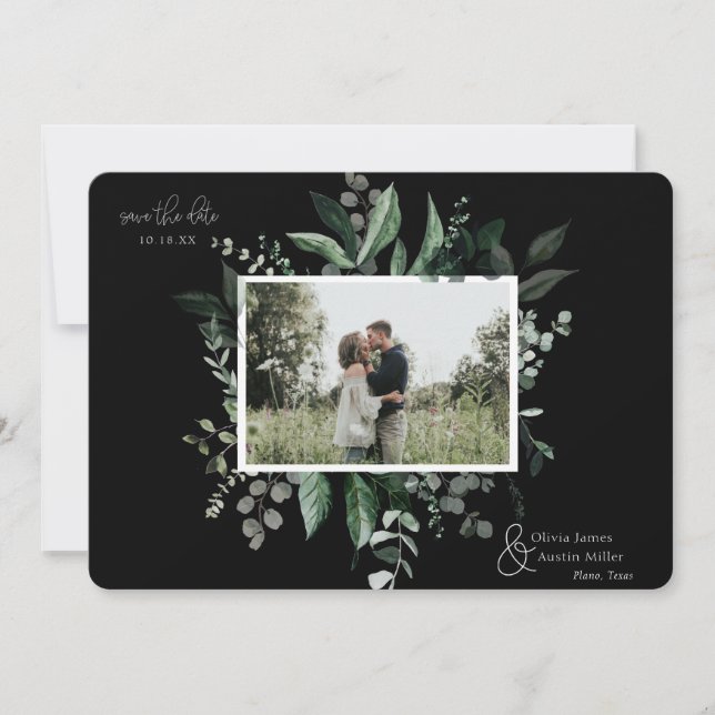 Botanical Leafy Greenery Photo Frame Save the Date (Front)