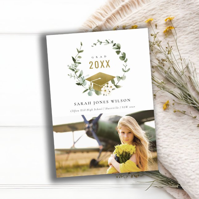 Botanical Leafy Wreath Photo Gold Graduation Announcement (Creator Uploaded)