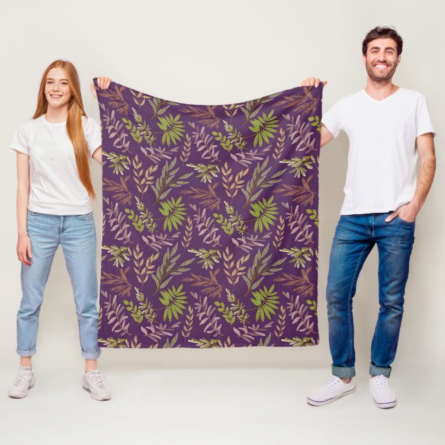 Botanical Leaves: A Stunning Purple Back Fleece Blanket (In Situ)