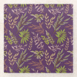 Botanical Leaves: A Stunning Purple Back Glass Coaster<br><div class="desc">Seamless pattern of various green and brown botanical leaves on a deep purple background. The design is intricate and vibrant,  conveying a lively tone.</div>
