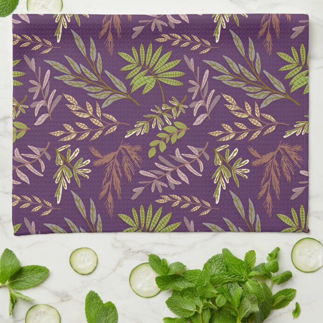 Botanical Leaves: A Stunning Purple Back Tea Towel (Folded)