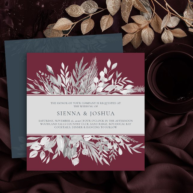 Botanical Leaves Burgundy Grey Square Wedding Invitation (Square wedding invitation in Burgundy and Grey from the Foliage Duet Collection by Darling & May)
