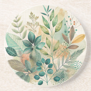 Botanical Leaves Collage Sandstone Coasters