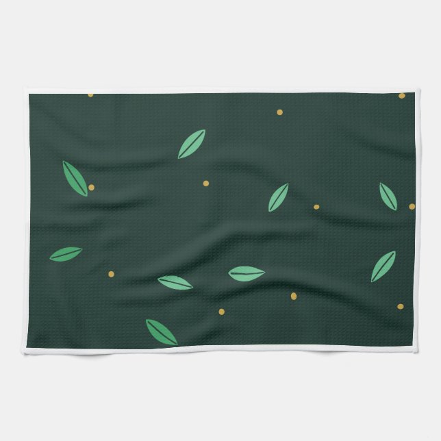 Botanical Leaves Dark Green Seamless Pattern Tea Towel (Horizontal)