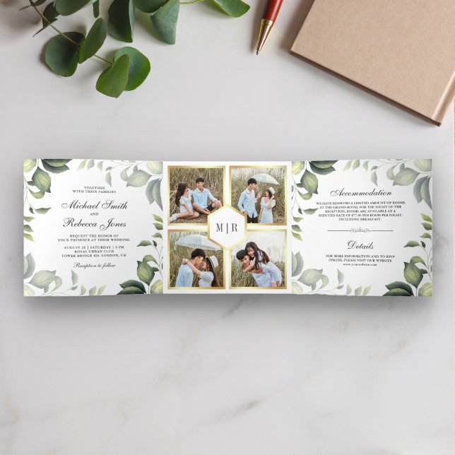 Botanical Leaves Foliage Photo Collage Wedding Tri-Fold Invitation (Creator Uploaded)