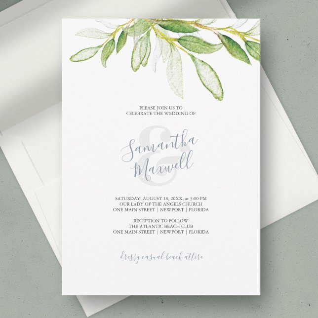 Botanical Leaves Garden Wedding Invitation (watercolour wedding invitations designed with hand painted greenery)